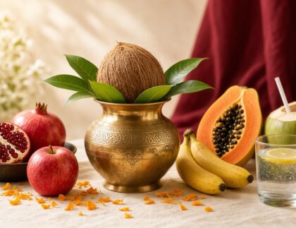 Navratri fasting thali with pomegranate, banana, papaya, coconut water and a brass kalash