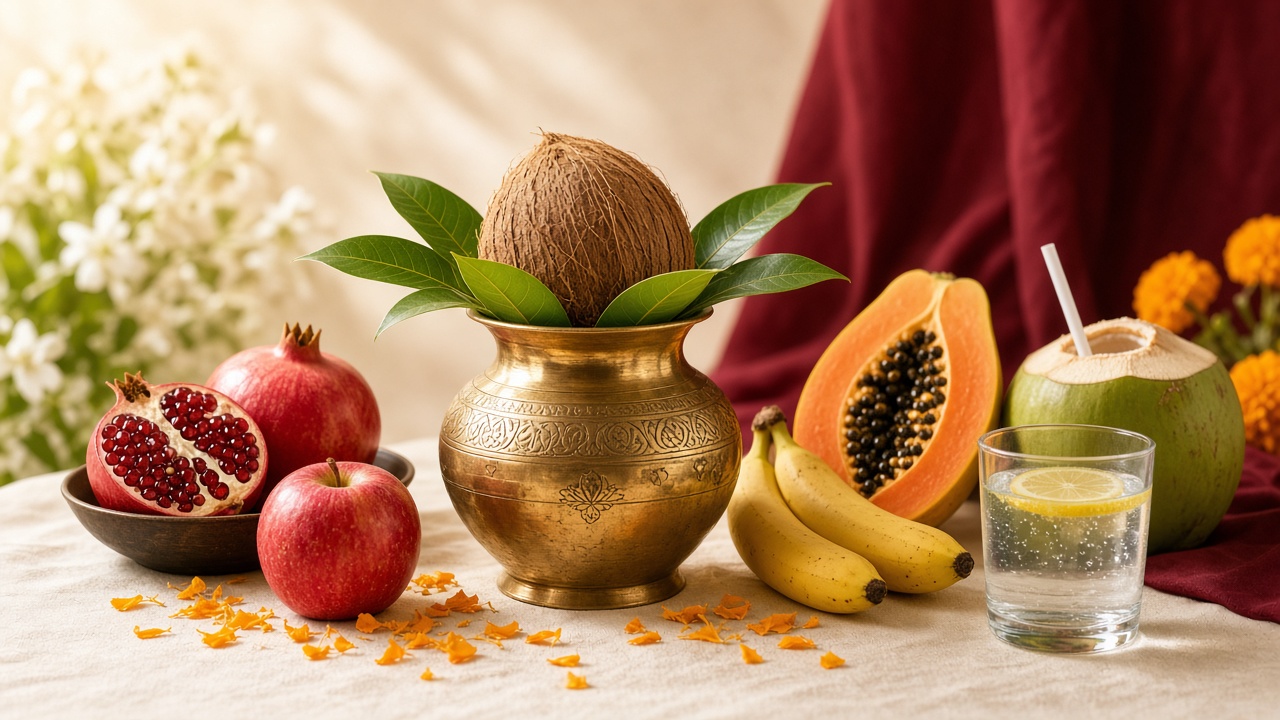 Navratri fasting thali with pomegranate, banana, papaya, coconut water and a brass kalash
